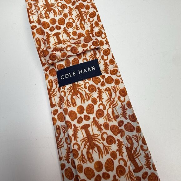 Cole Haan Lobster Clam Cotton Silk Blend Neck Tie In Burnt Orange & White New - Picture 4 of 7